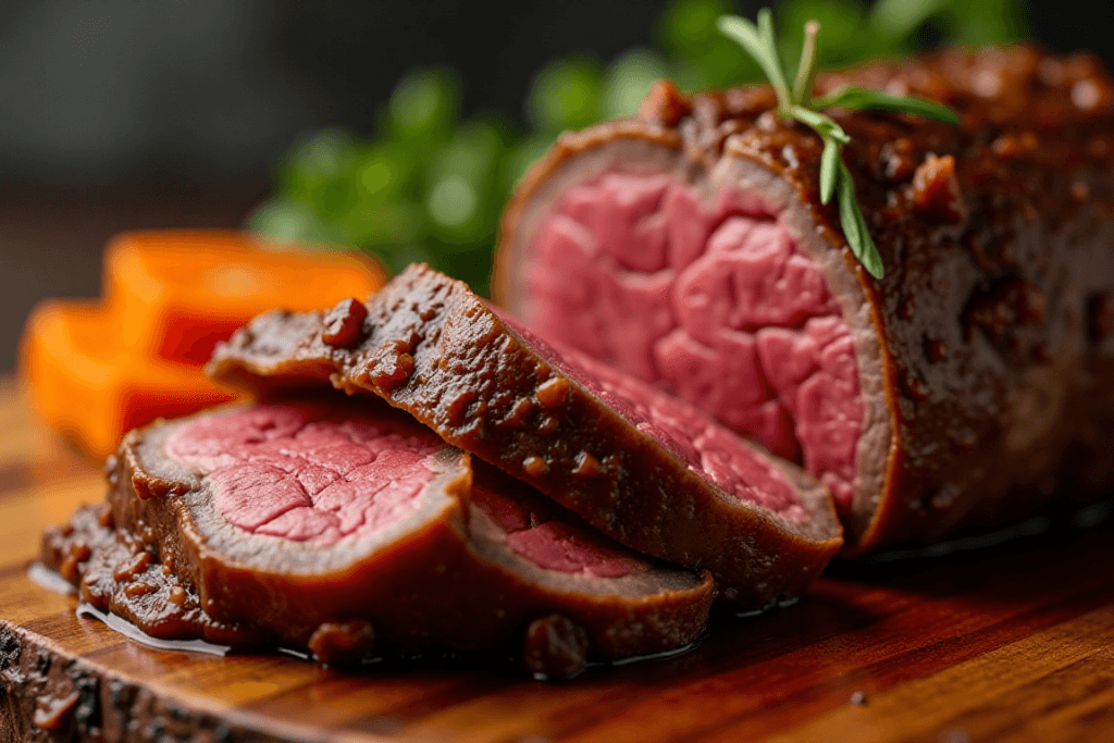 A beautifully roasted lamb loin on a wooden cutting board garnished with rosemary.