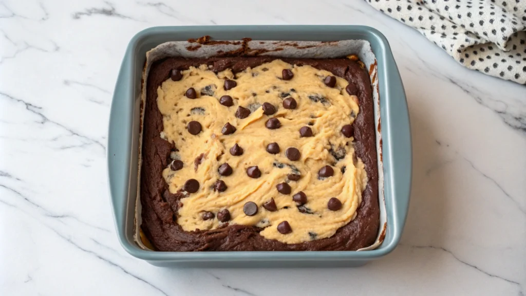 A layered brookie in a baking dish, ready to go into the oven