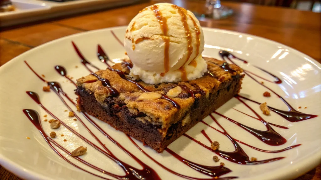 Brookie squares served with a scoop of vanilla ice cream on the side.