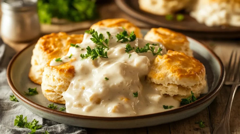 Plate of chicken biscuits and gravy on a breakfast table.