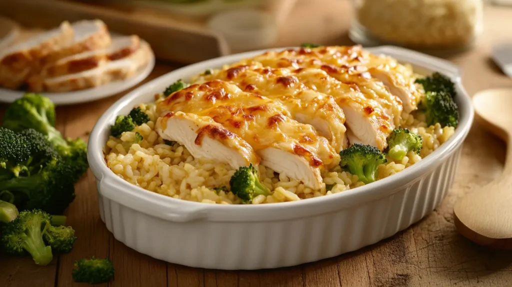 Chicken broccoli rice casserole with golden cheese topping in a baking dish.