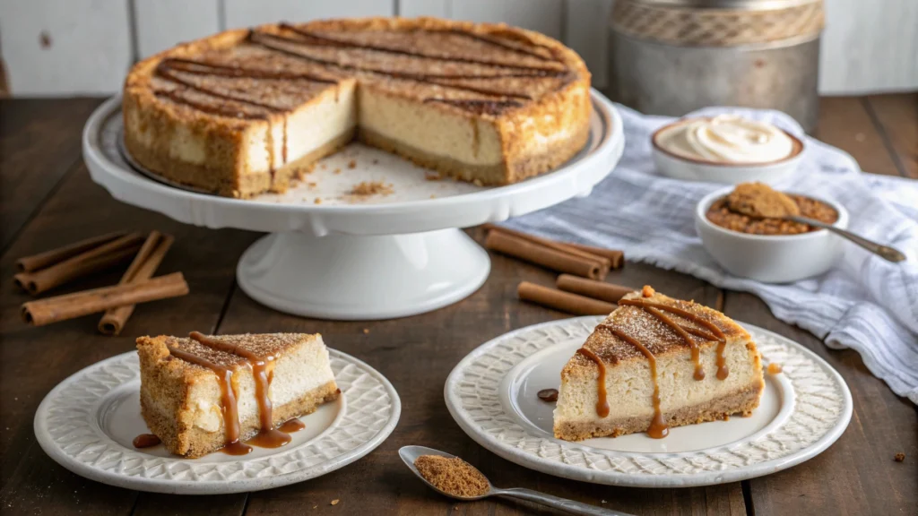 Freshly baked churro cheesecake with cinnamon sugar topping and caramel drizzle