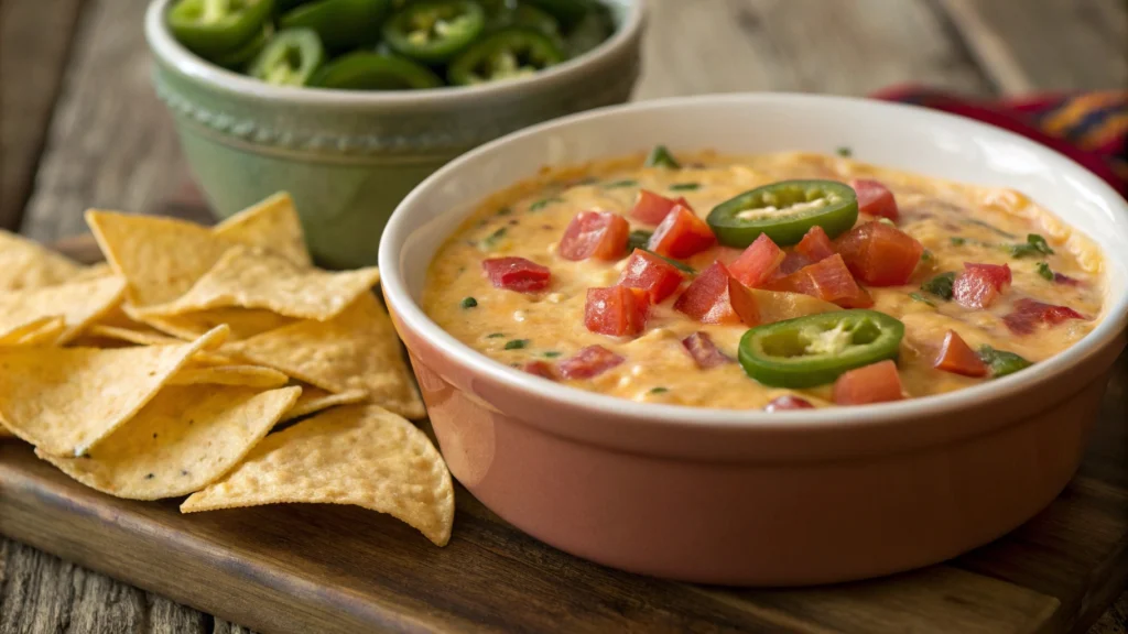 A bowl of creamy Rotel dip served with tortilla chips.