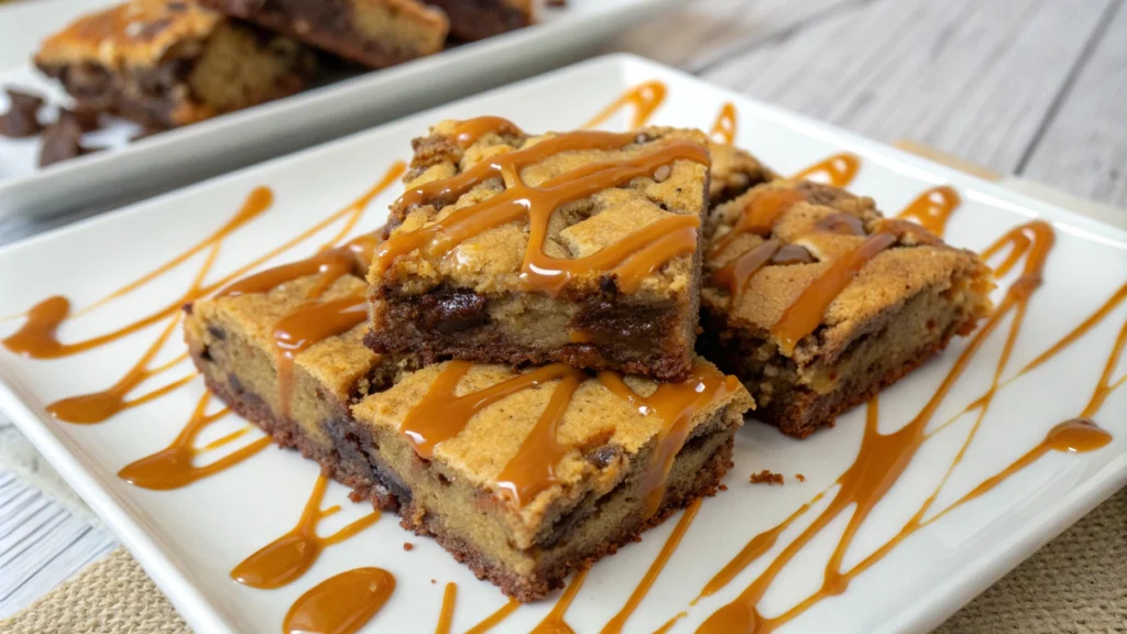 A plate of brookie squares topped with caramel drizzle and sprinkles
