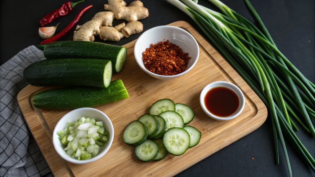 Ingredients for making cucumber kimchi.