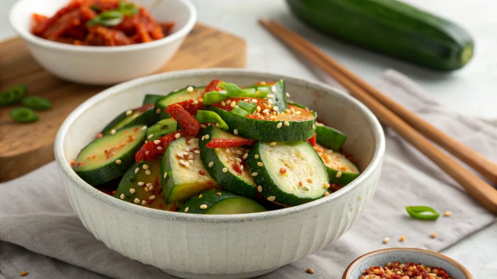 A bowl of freshly prepared cucumber kimchi with sesame seeds.