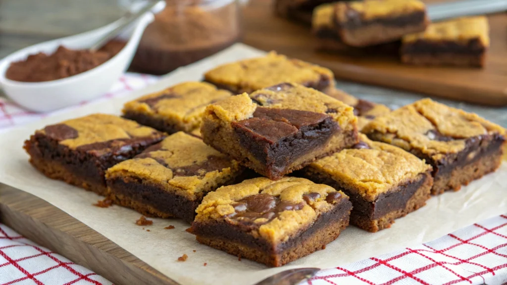 A freshly baked brookie with a cookie layer on top and brownie base, sliced into squares.