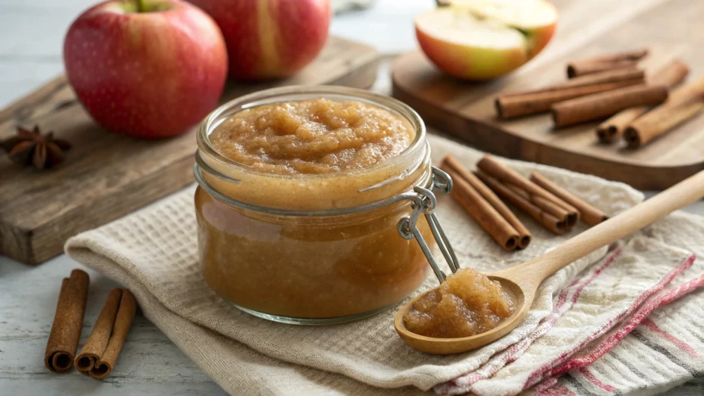 Homemade cinnamon applesauce in a glass jar with apples and cinnamon sticks