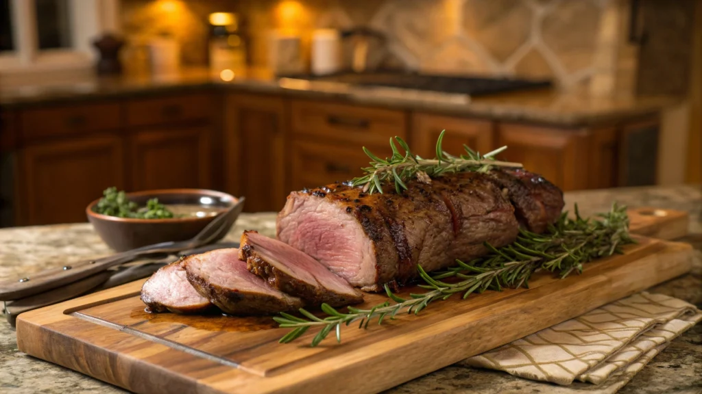 A beautifully roasted lamb loin with herbs on a wooden cutting board.