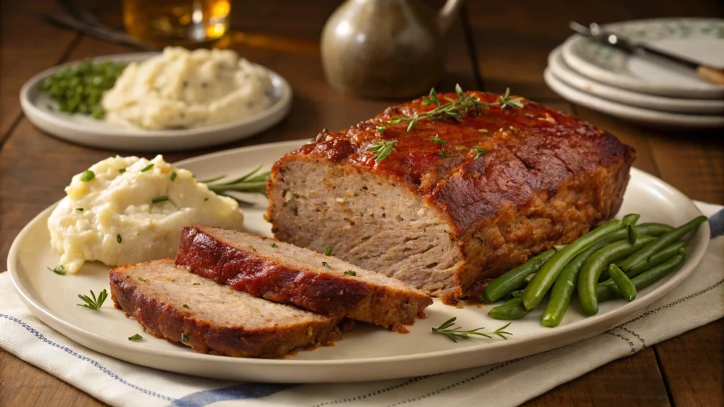 A perfectly baked Lipton Onion Soup Meatloaf sliced and served on a white plate with sides.