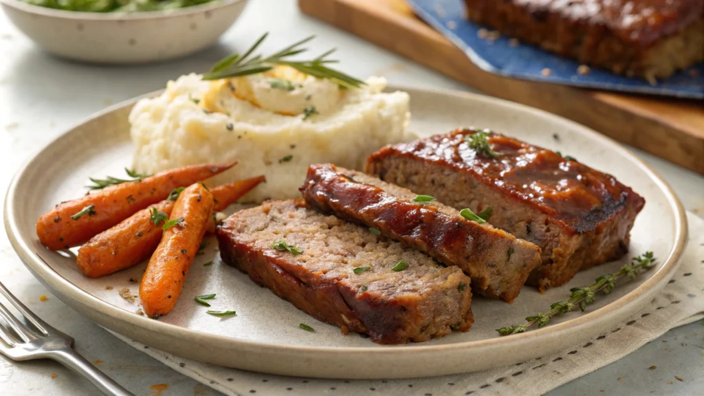 A plate of meatloaf with mashed potatoes and roasted carrots.