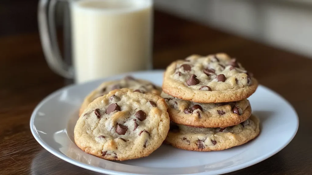 A plate of freshly baked chocolate chip cookies with a glass of milk.
