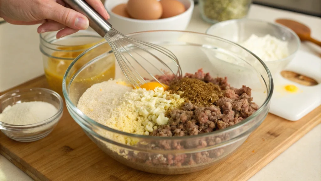 A mixing bowl with ground beef, Lipton onion soup mix, eggs, breadcrumbs, and milk.