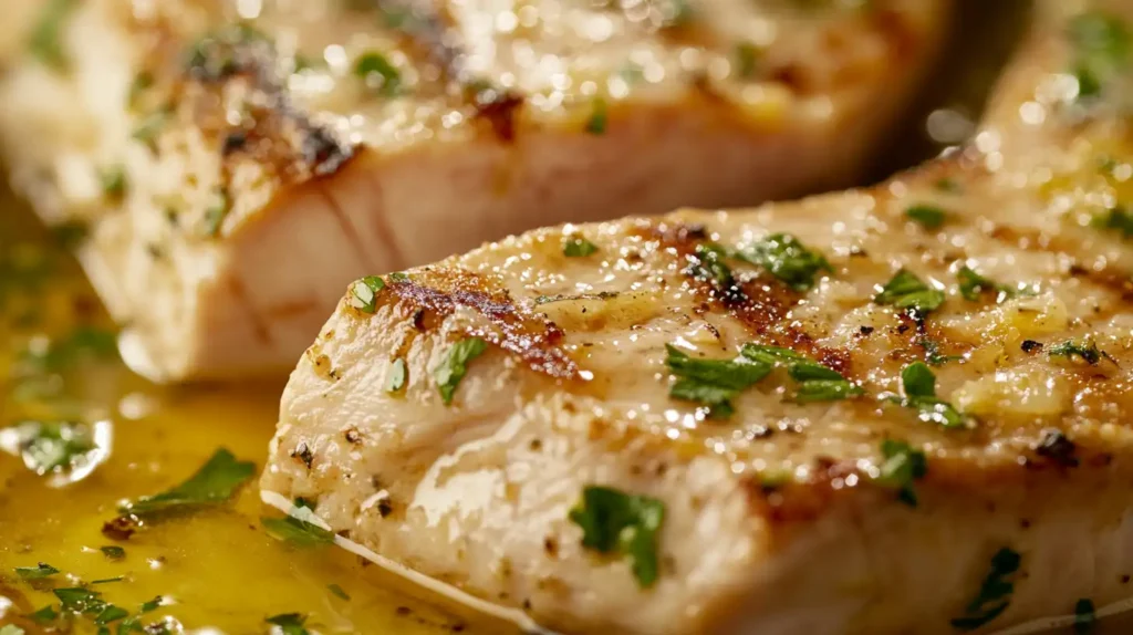 Juicy seared swordfish steak with garlic butter.