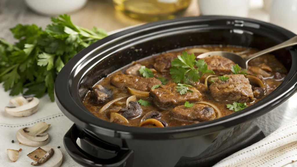 Slow cooker cube steak with onions and gravy.