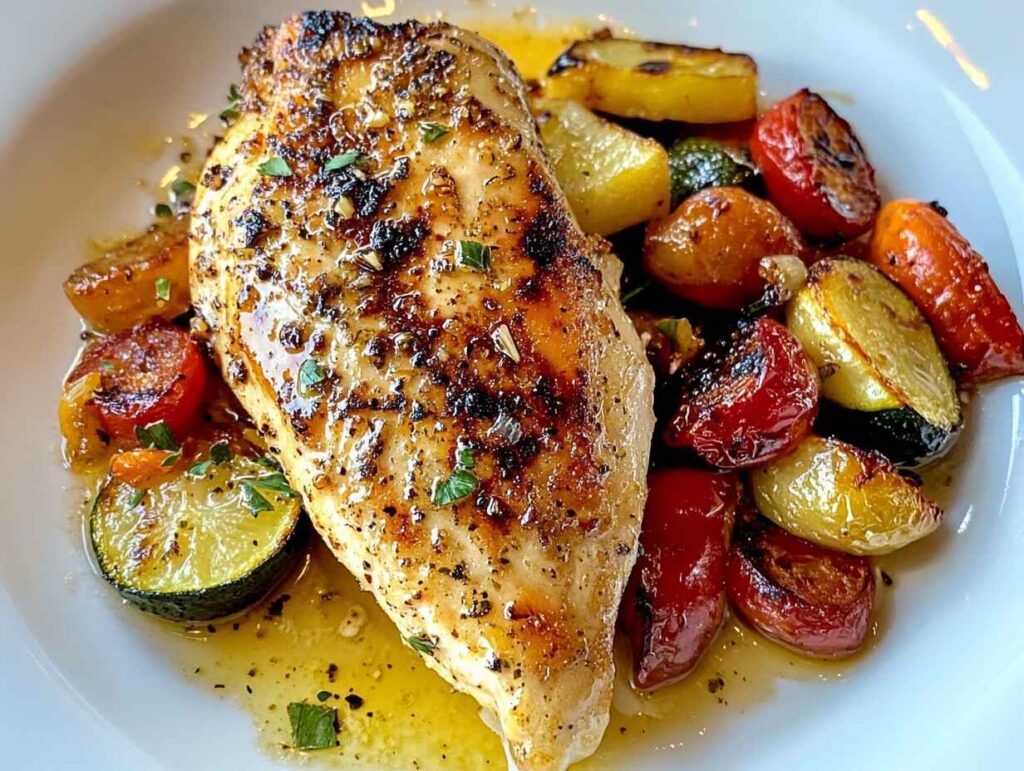 Broiled chicken breast served with roasted vegetables and lemon butter sauce.