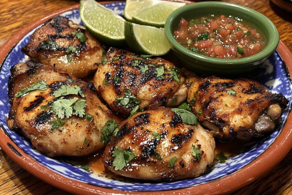 Grilled Mexican chicken thighs with lime and salsa.