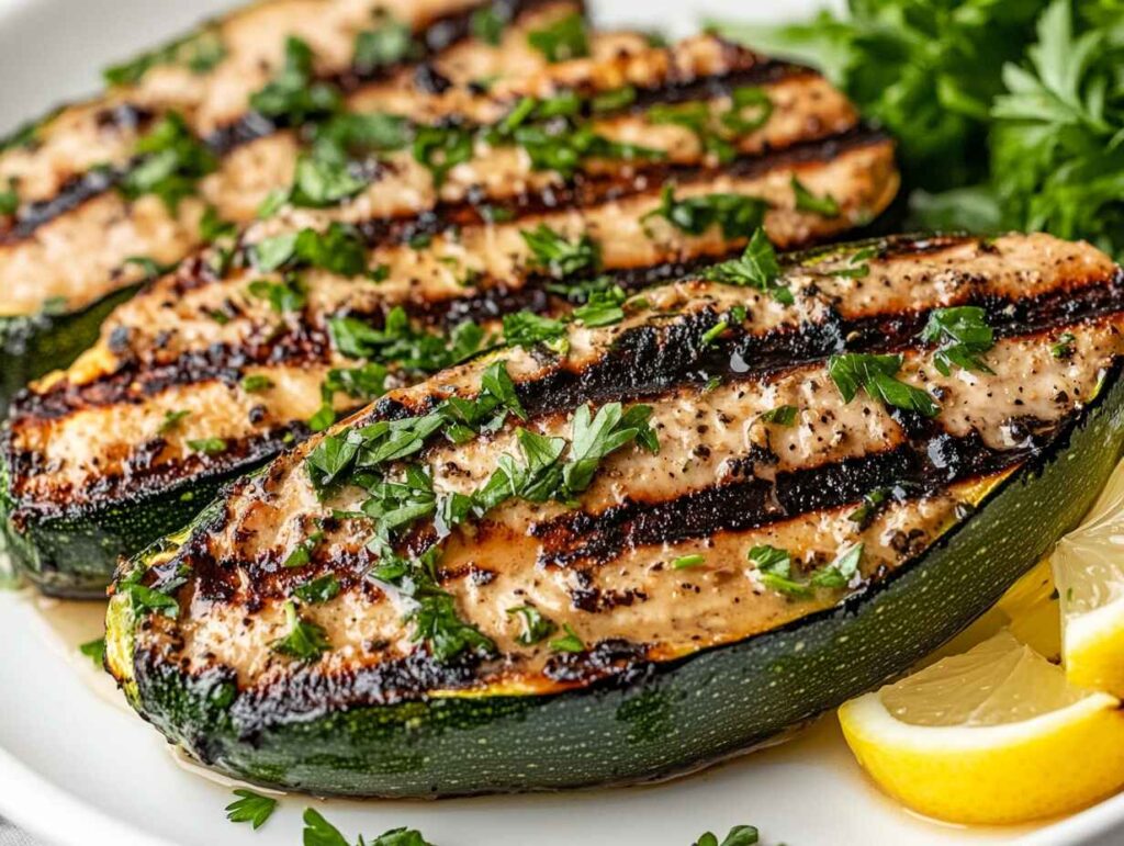 Grilled zucchini steaks with fresh herbs and lemon slices.