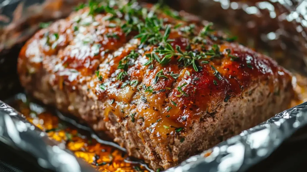 Freshly baked glazed meatloaf in a foil pan.