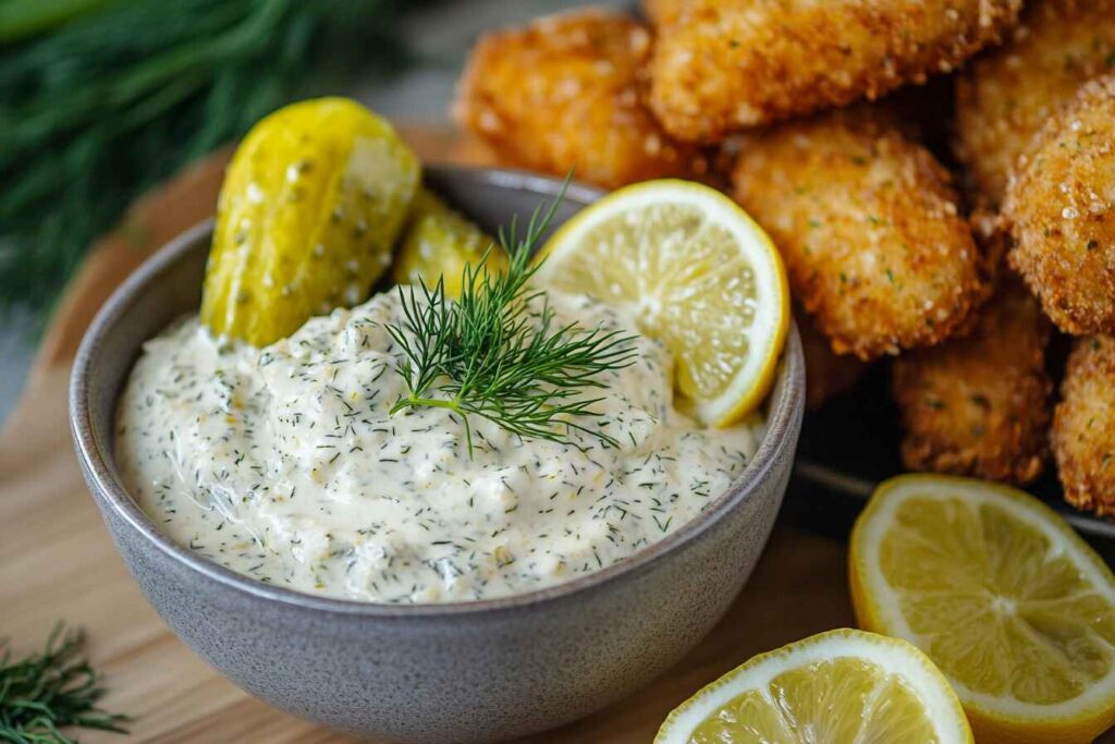 Vegan tartar sauce in a bowl, garnished with dill and served with lemon.