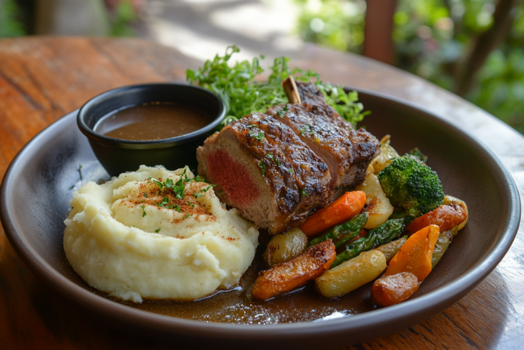 Lamb breast plate with vegetables and mashed potatoes.