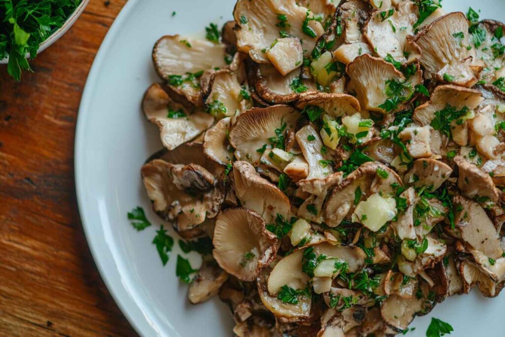 maitake mushrooms served on a white plate.