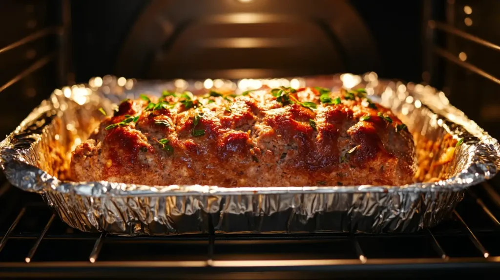 Meatloaf baking in a foil-lined pan at 350°F.