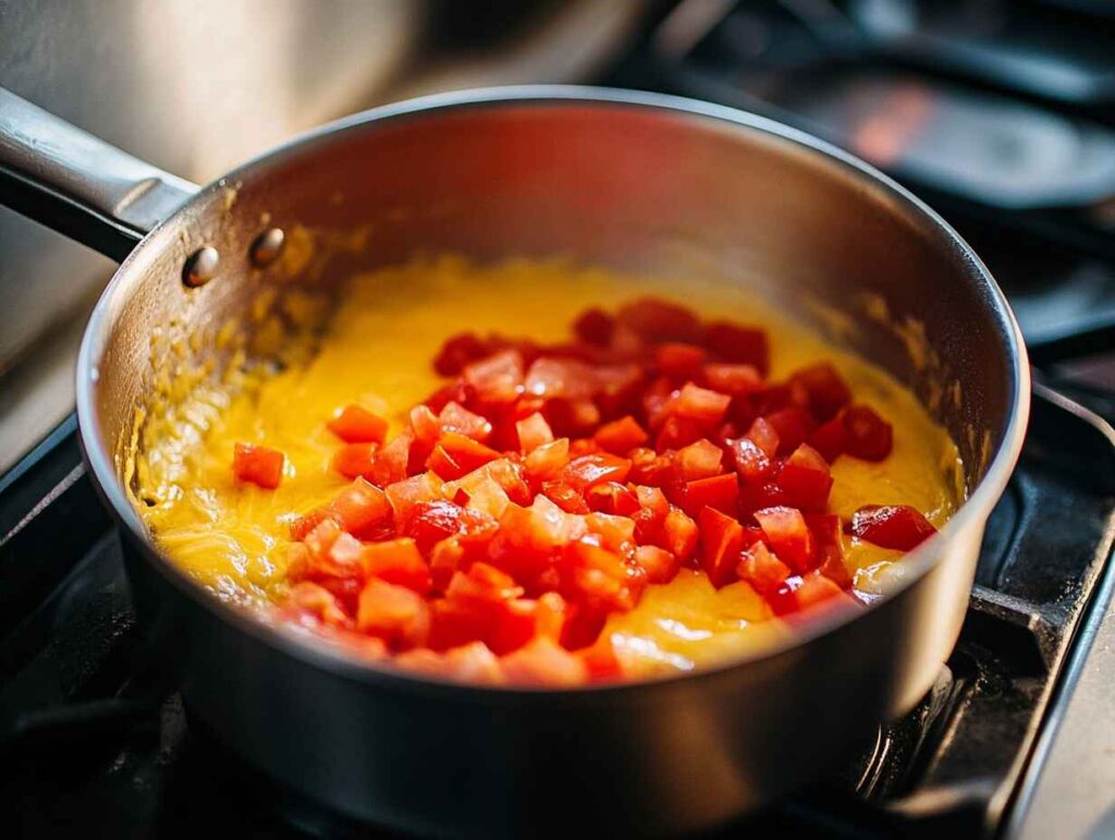 Velveeta cheese melting in a saucepan for Rotel dip.