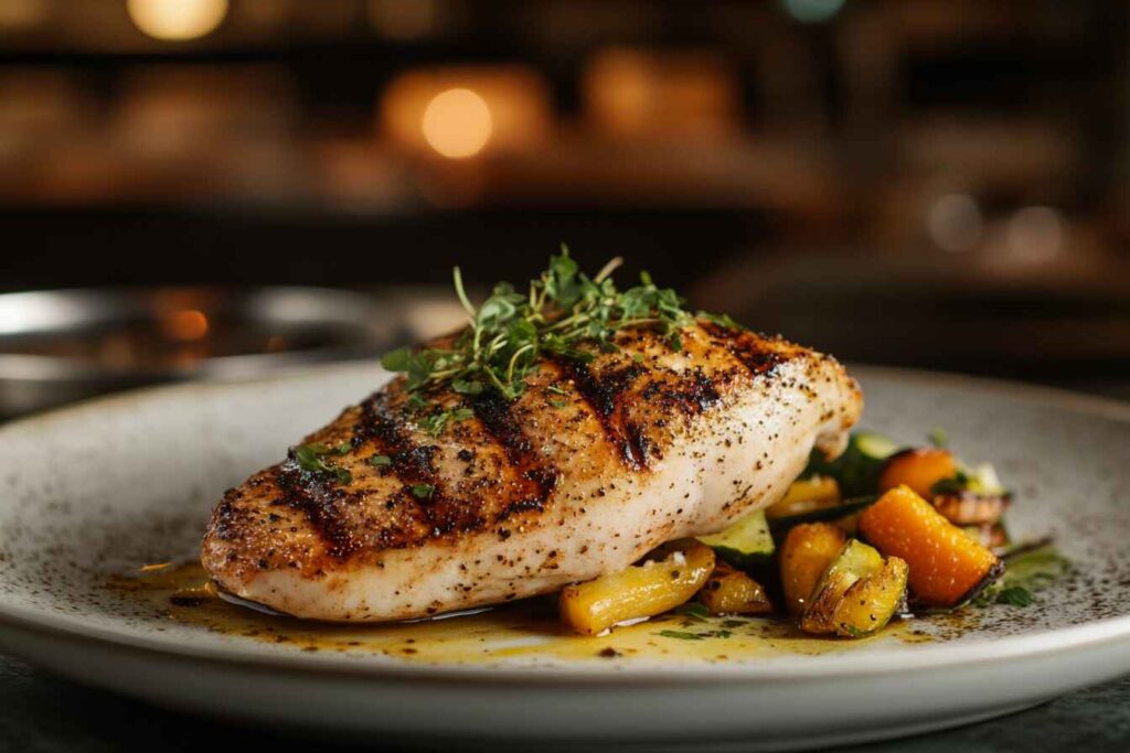 Juicy grilled chicken breast served with roasted vegetables.