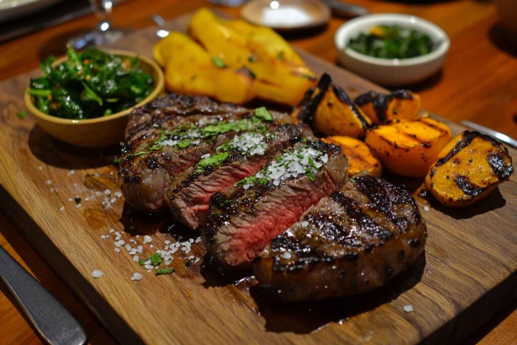 Picanha steak cooked to perfection on a cutting board.