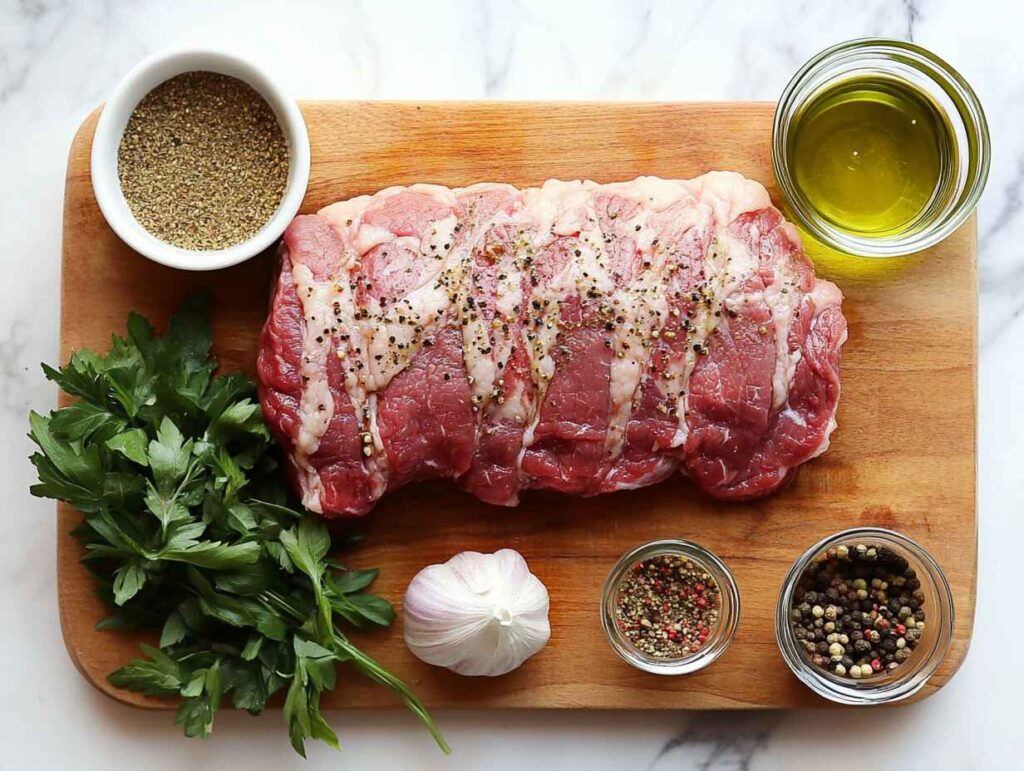 A lamb breast being trimmed and marinated with spices.