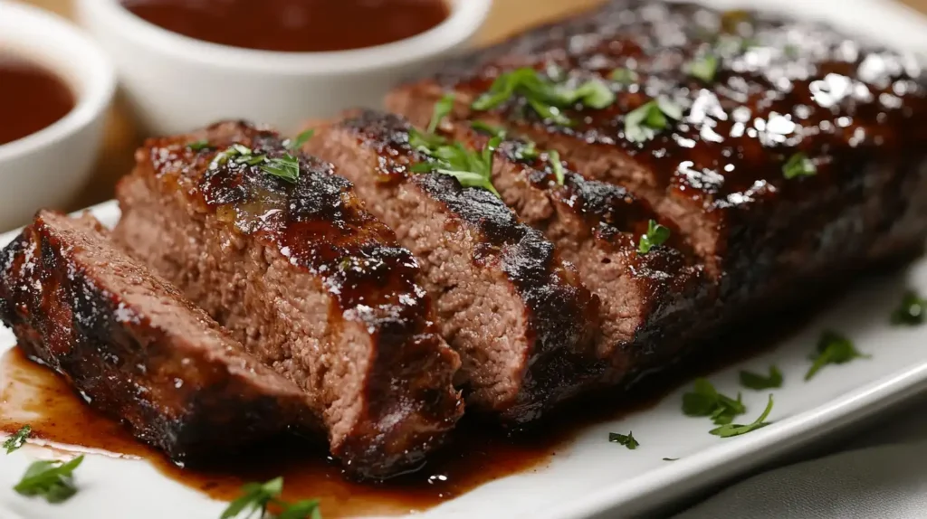 Moist and juicy meatloaf served with herbs.