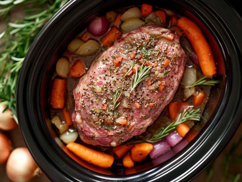 Lamb breast being cooked in a slow cooker with vegetables.