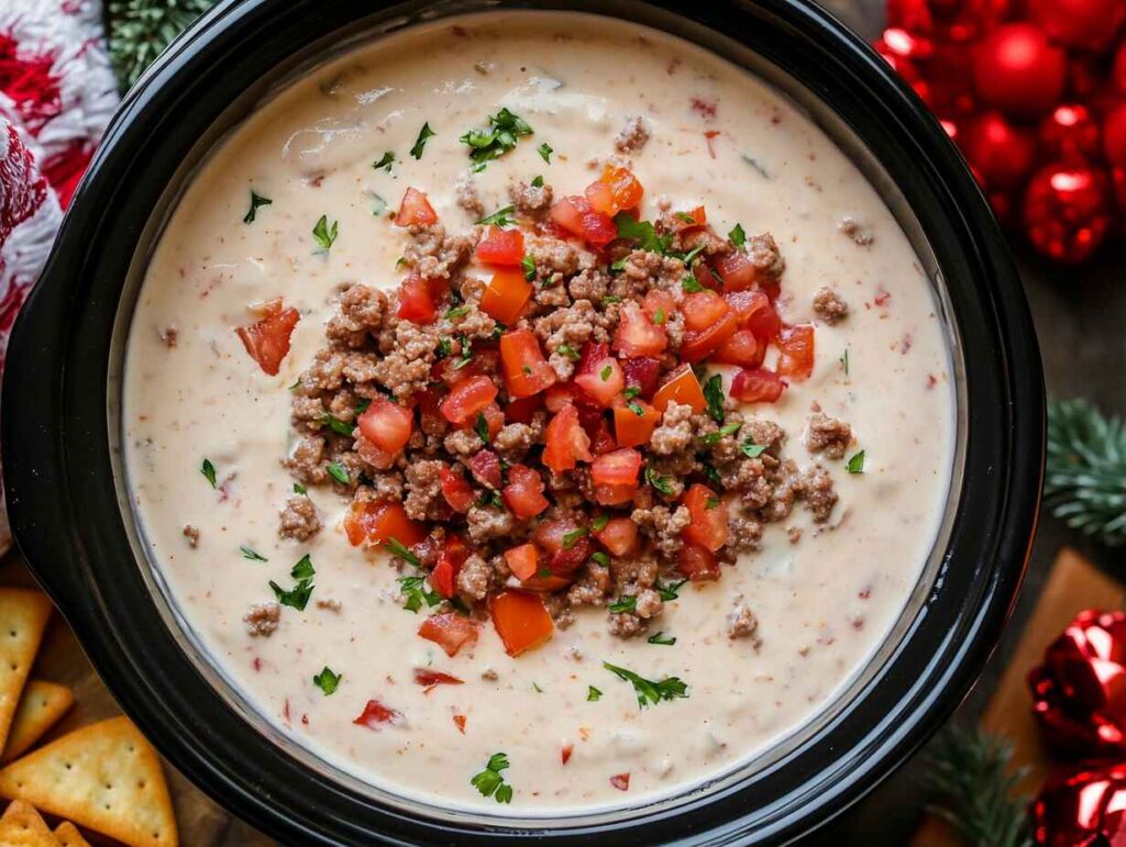 A slow cooker filled with Rotel dip, topped with sausage and tomatoes.