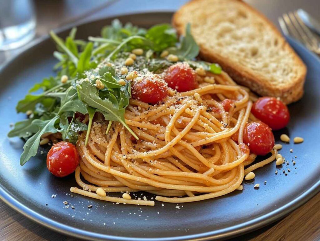 Spaghetti marinara paired with a fresh salad and garlic bread.