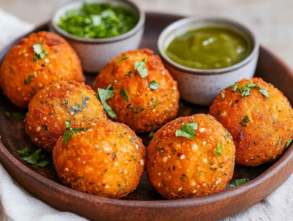 Sweet potato puffs arranged on a plate with three dipping sauces—ranch, honey mustard, and garlic aioli.