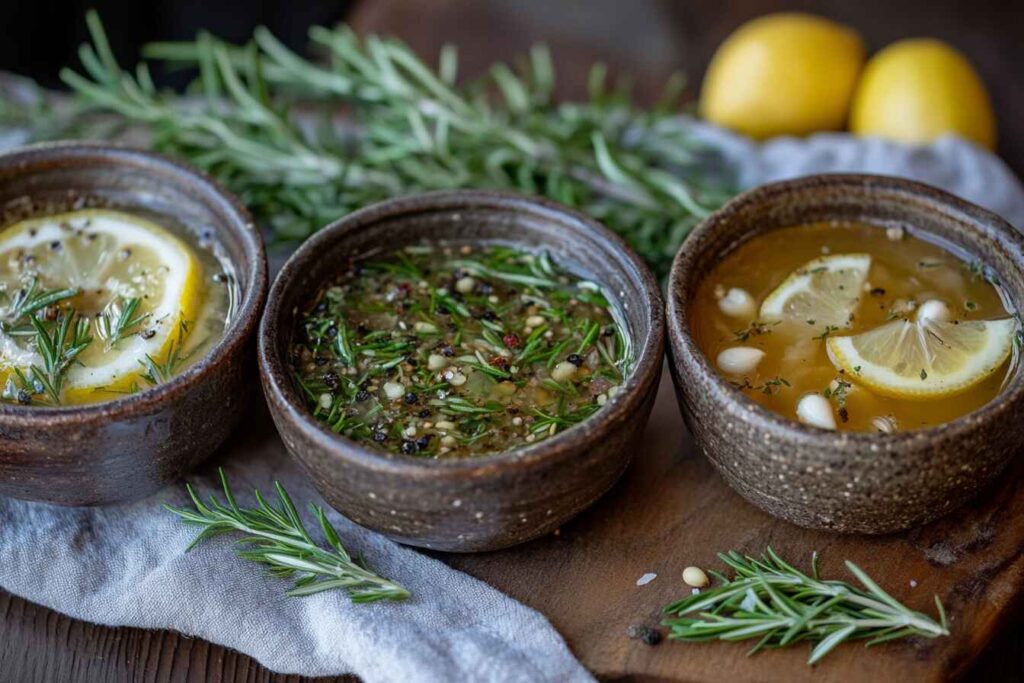 Three types of brines displayed in bowls: saltwater, herb-infused, and sweet-savory.