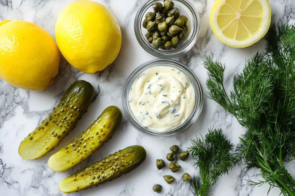 Key ingredients for making vegan tartar sauce.