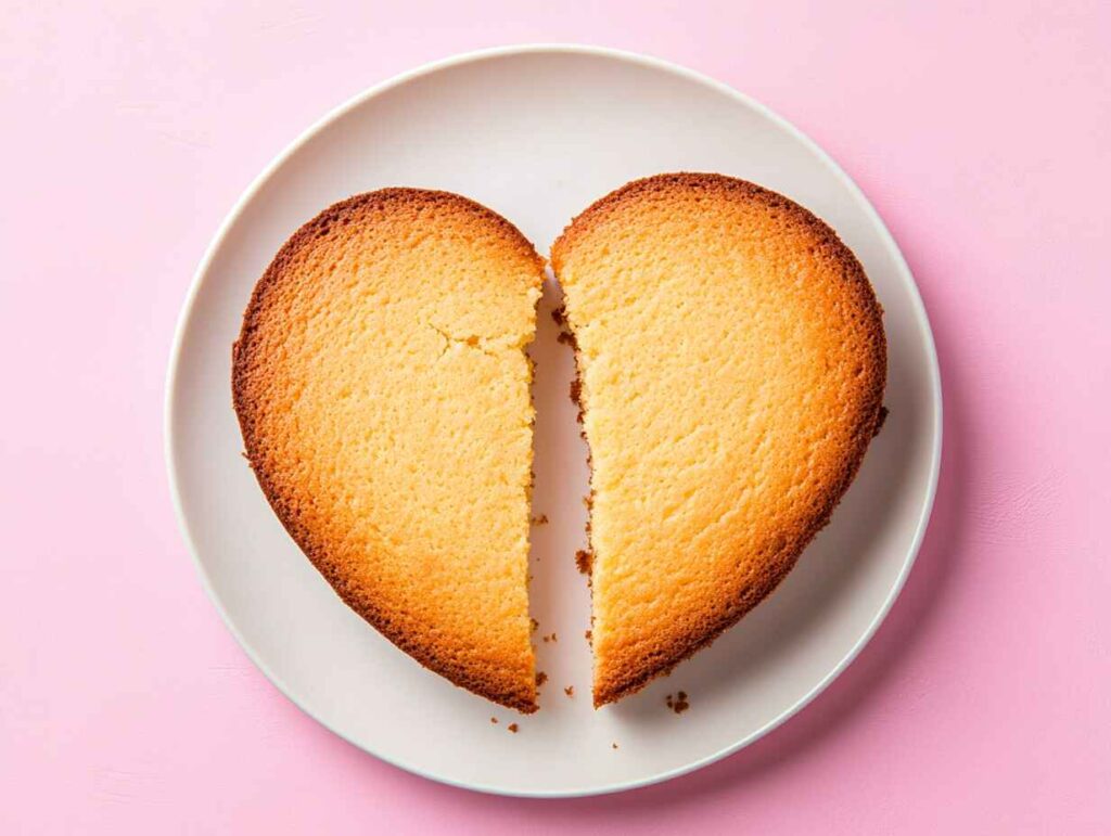 A round cake being cut and assembled into a heart-shape cake