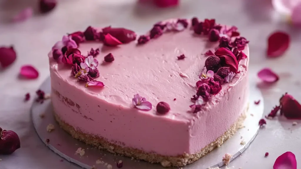 Heart shaped pink cake with flowers