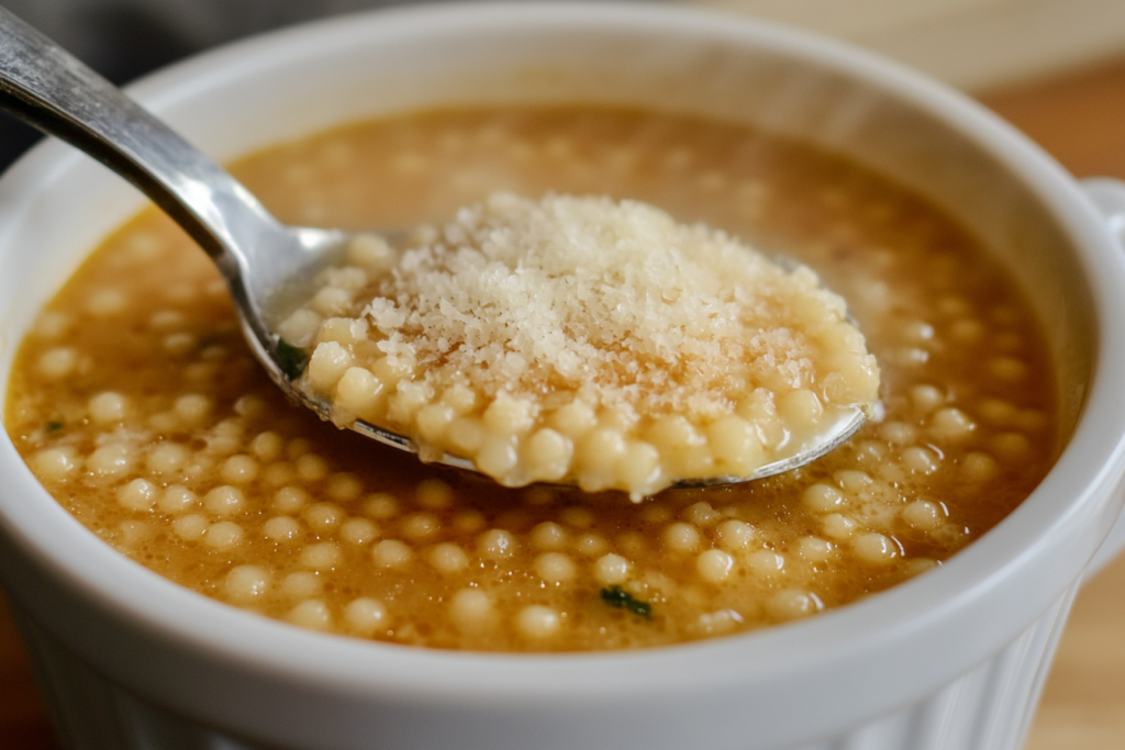 Warm bowl of pastina soup with parsley and Parmesan.