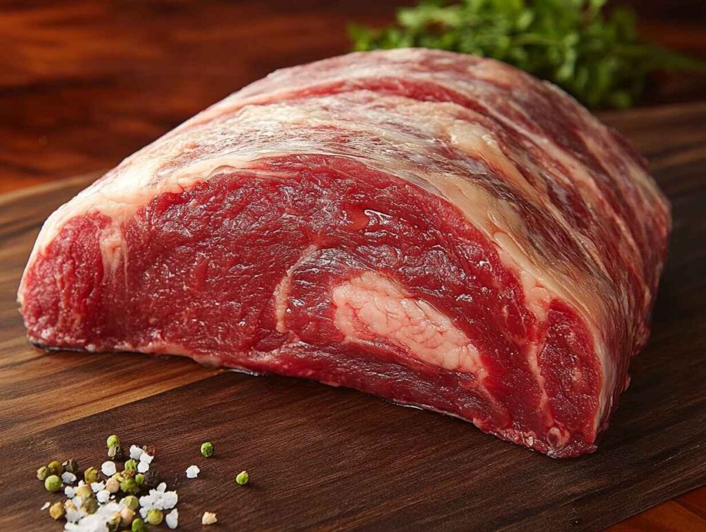 A raw Picanha cut with a thick fat cap on a wooden butcher’s board.