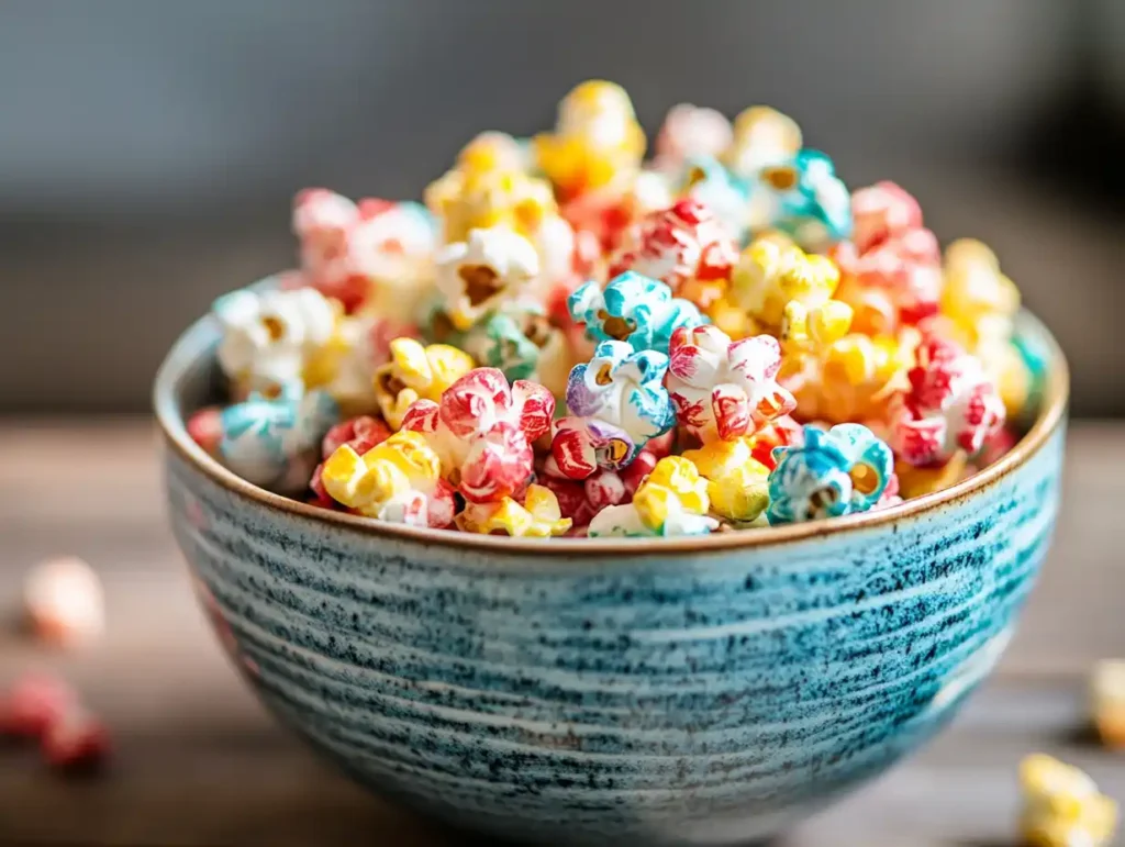 A colorful bowl of rainbow popcorn with vibrant shades of red, blue, yellow, and green.