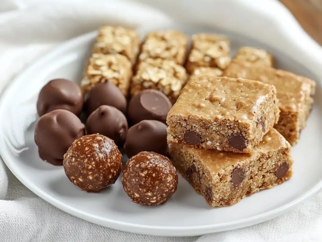 A plate with three different 3 ingredient dessert, ready to be served