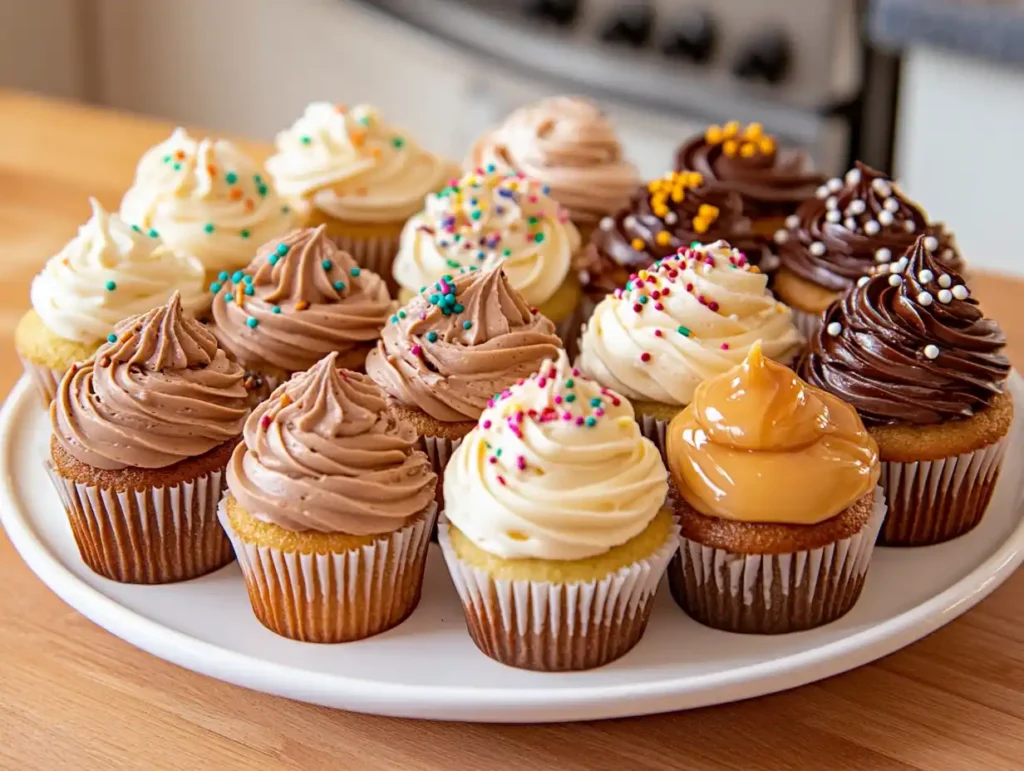 A plate filled with beautifully decorated mini cupcakes in different flavors.