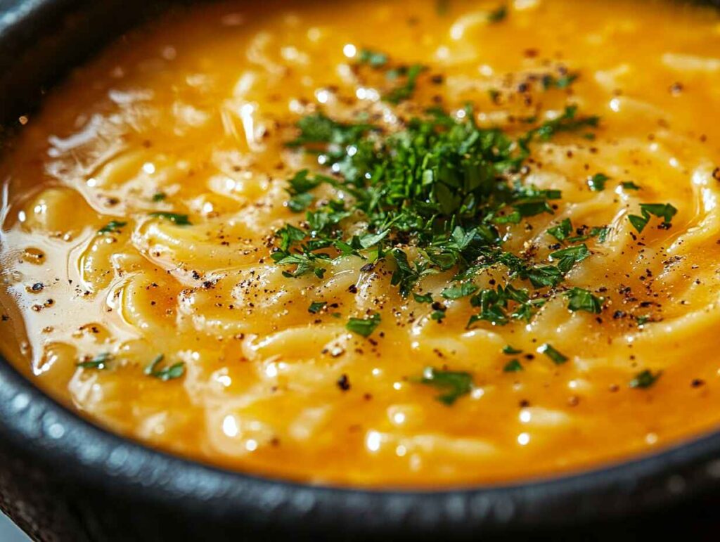 creamy pastina soup topped with fresh parsley and black pepper.