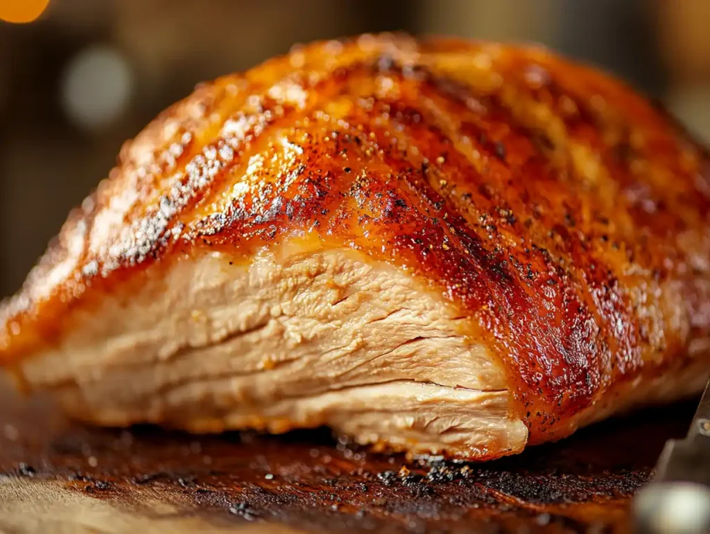 A meat thermometer inserted into a smoked turkey breast to check doneness.