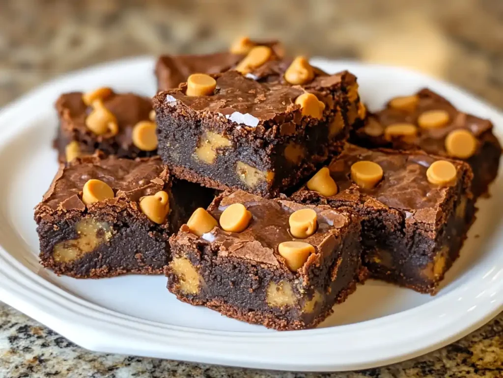 A plate of chocolate brownies topped with butterscotch chips.