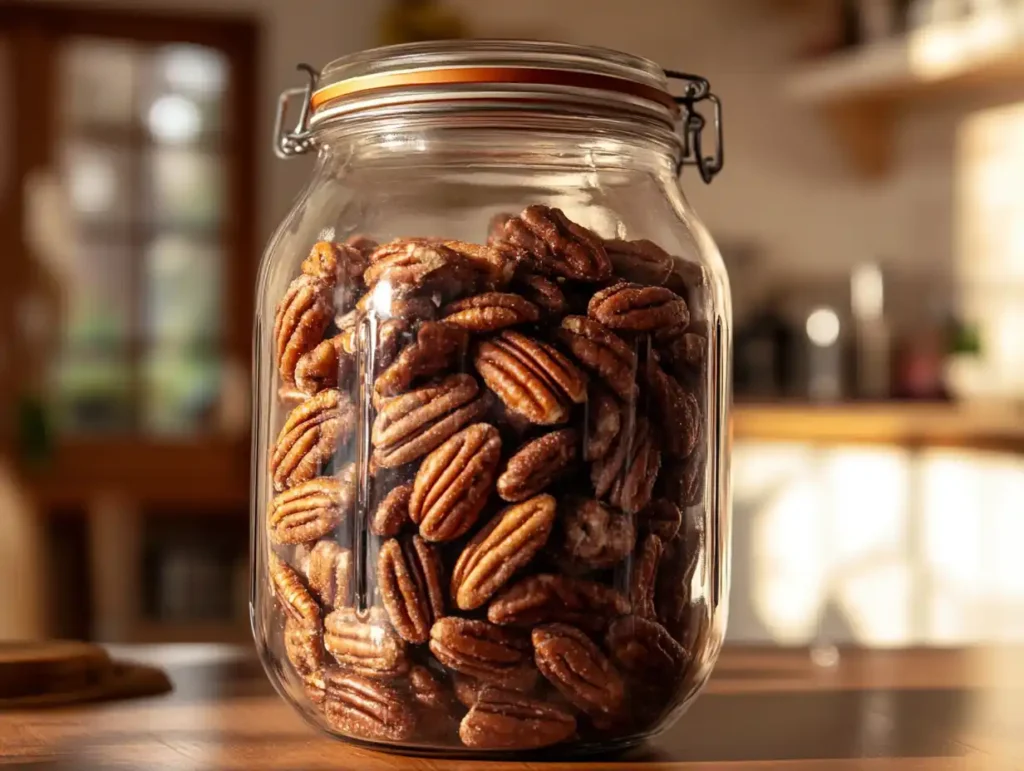 A sealed glass jar filled with chocolate covered pecans, placed in a cool, dark pantry.