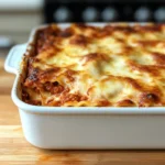 A fresh homemade Barilla lasagna recipe with melted cheese on top in a baking dish.